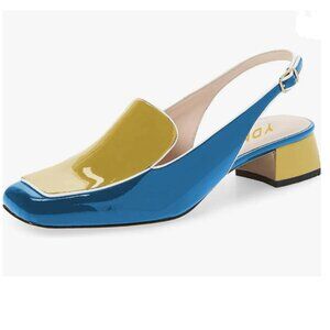 YDN Blue And Yellow Square Toe Block Low Heels Slingback Formal Loafer Pump